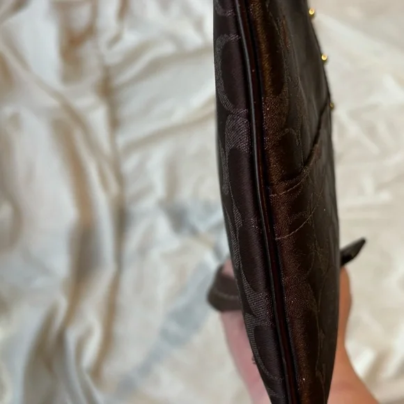 Coach Signature Jacquard Chocolate Brown Studded Crossbody Purse - Picture 9 of 10